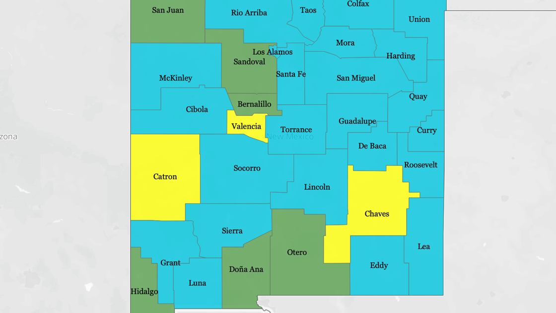 Nearly all of New Mexico is turquoise or green
