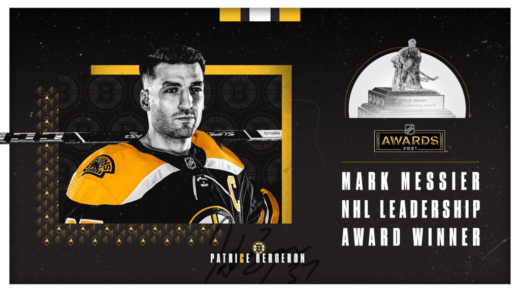 Patrice Bergeron Receives 2021 Mark Messier NHL Leadership Award